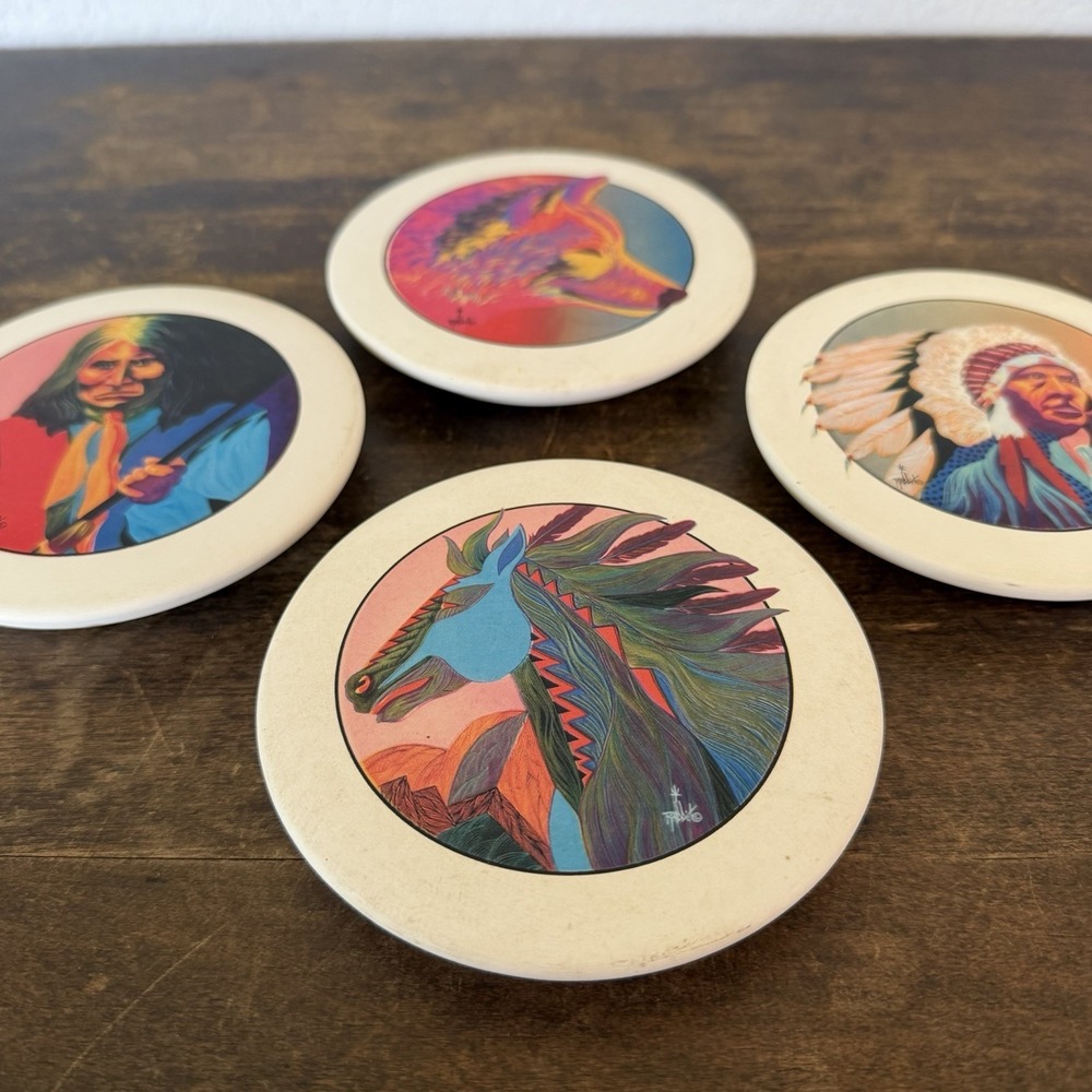 Vintage Bill Rabbit Native American Contemporary Art Ceramic Coaster Set
